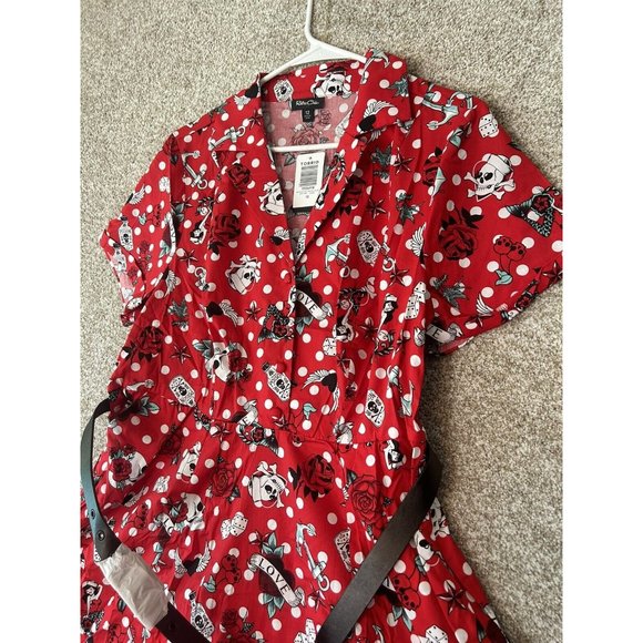 Torrid Retro Chic Red Skull Rose Love Graphic Belted Short Sleeve Midi Dress 12 - Picture 2 of 7